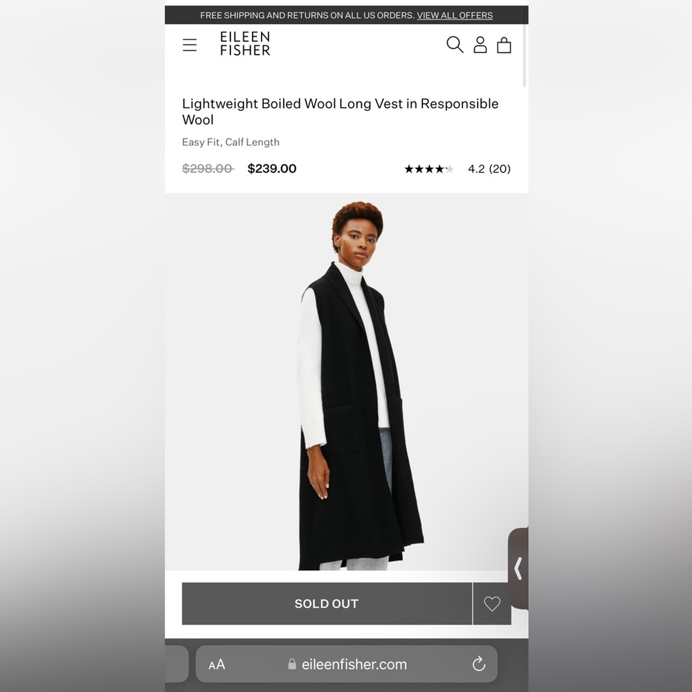 Eileen Fisher Lightweight Boiled Wool Long Vest in Responsible Wool